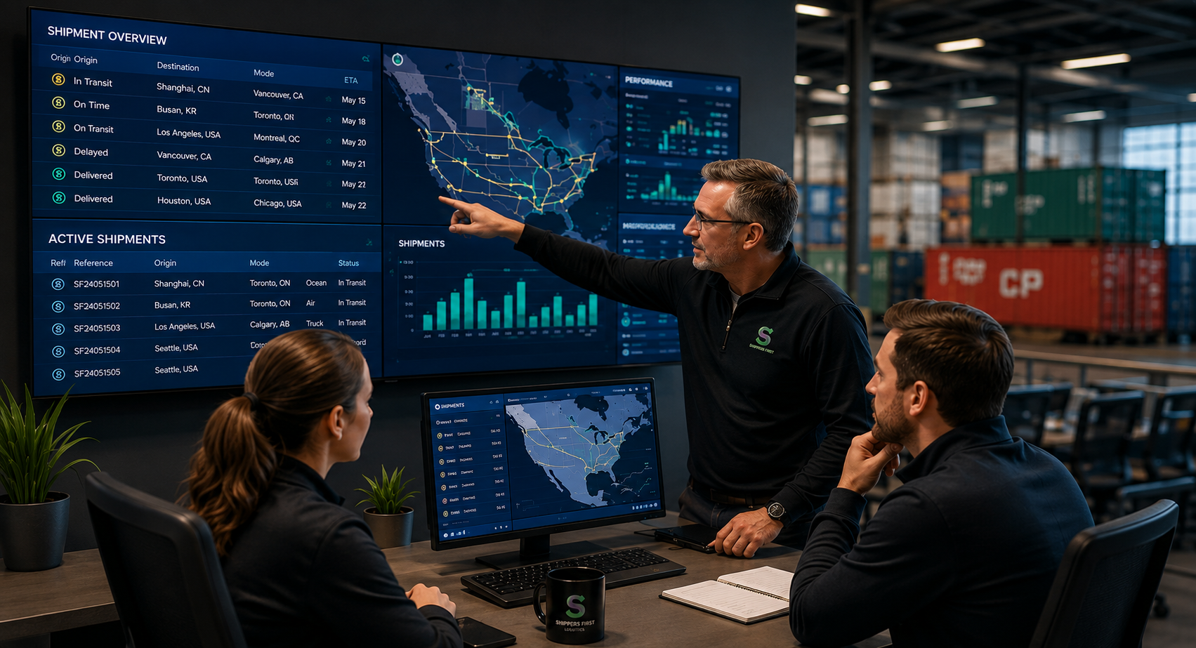 Shippers First team reviewing live shipment tracking dashboard and North American freight network