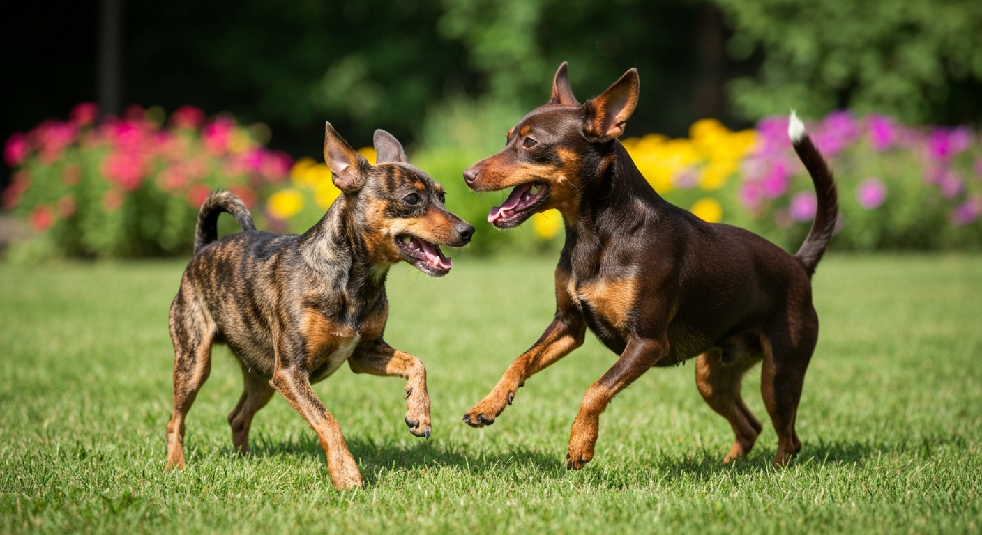 Two Toy Fox Terrier dogs playing together