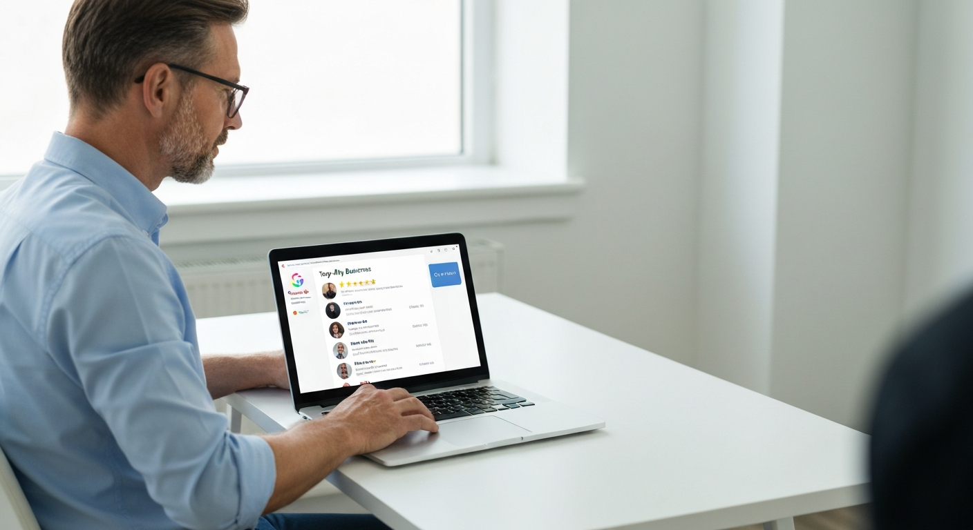 Local business owner looking at top-ranking Google My Business profile