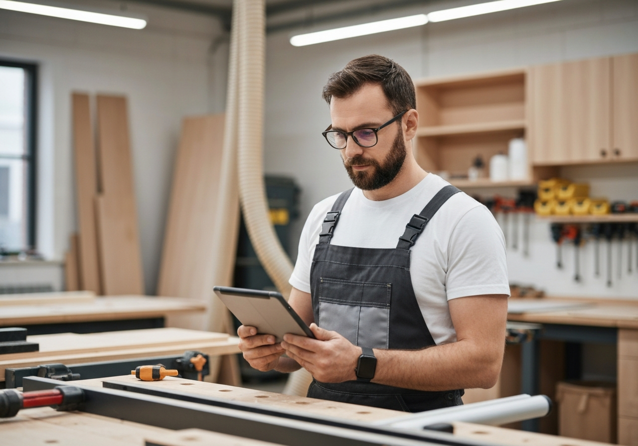 Kitchen cabinet maker reviewing new customer leads on a tablet