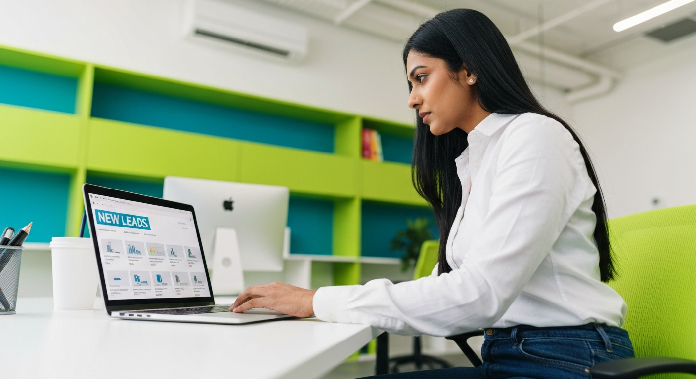 Business owner looking at new leads on a laptop