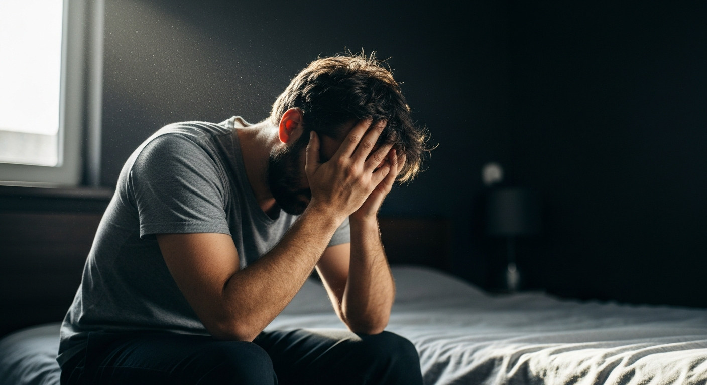 Person waking up tired after 8 hours sleep, sitting on the edge of the bed looking fatigued