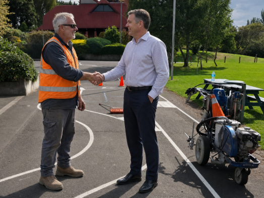 Two men shaking hands next to a line painting machine