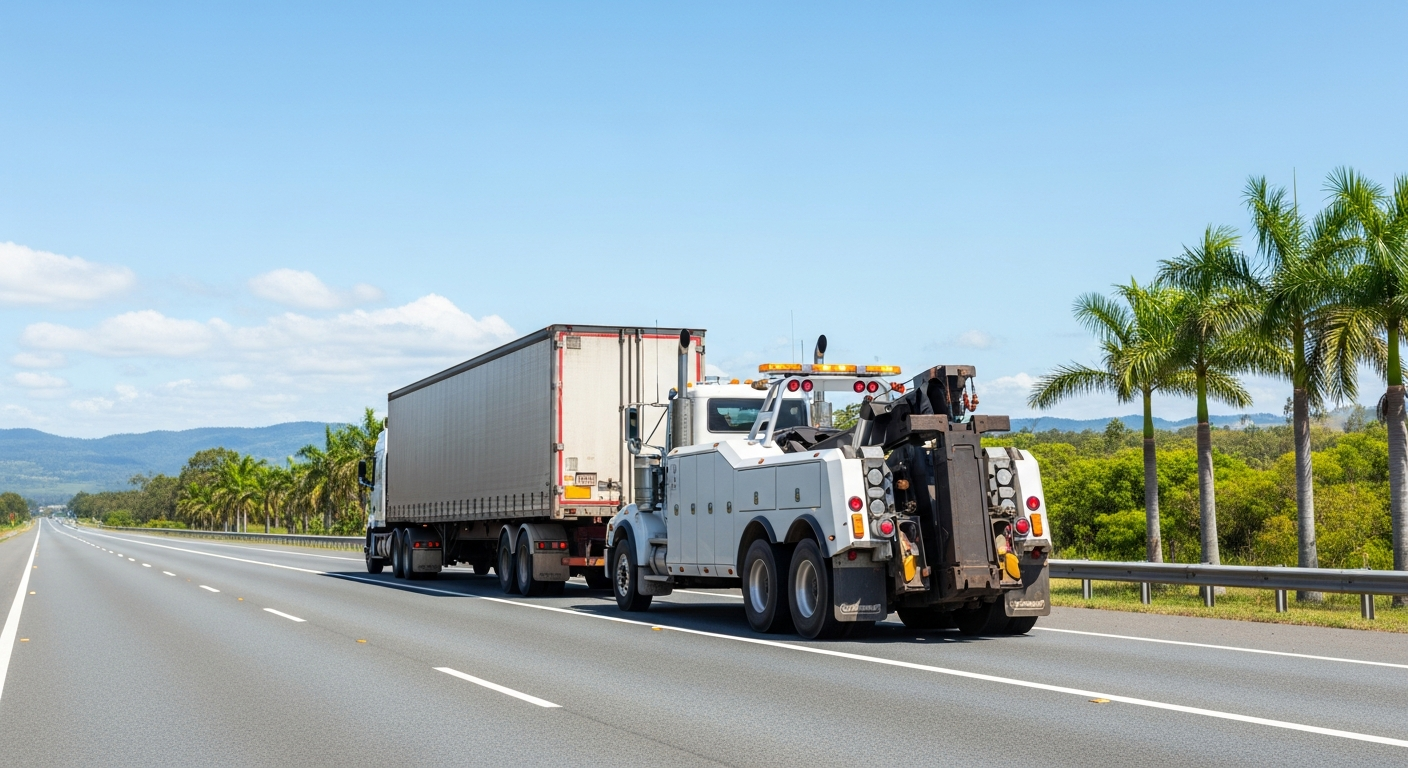 Commercial truck being towed