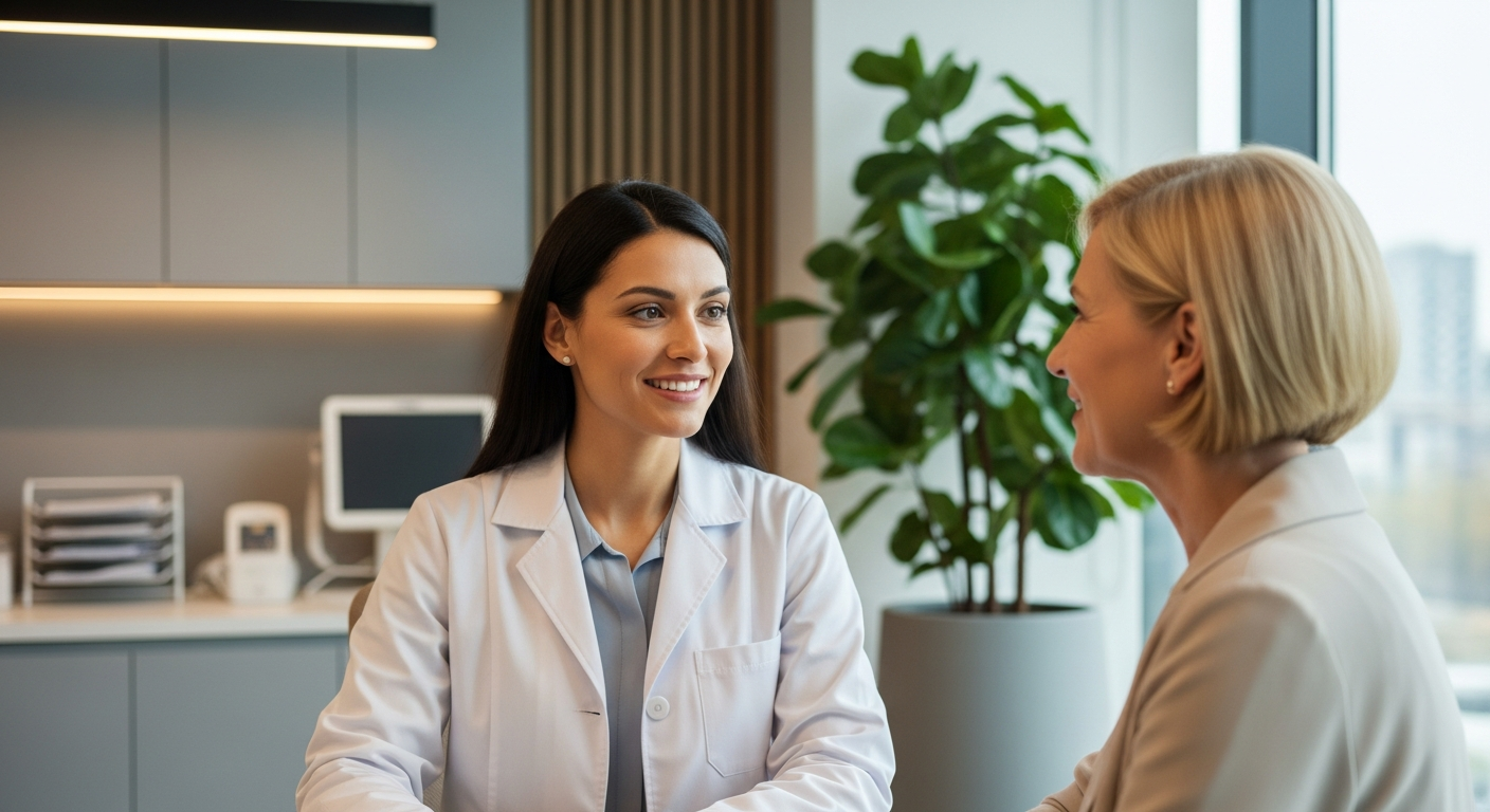 Female doctor consulting with a patient in a modern integrated health clinic