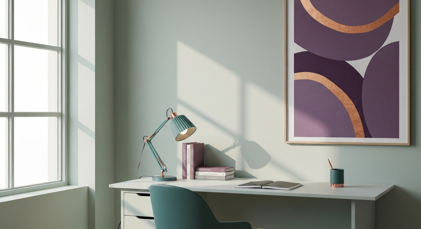 Gen-X woman receiving business coaching and mentoring, maintaining her authority and boundaries, clean modern home office in teal, plum, and copper accents, abstract workspace setup