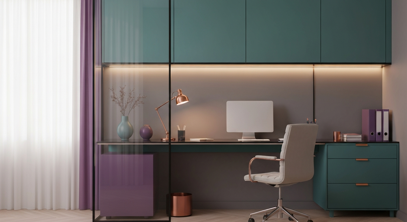Elegant, modern, minimalist home office setup in teal, plum, and copper accents