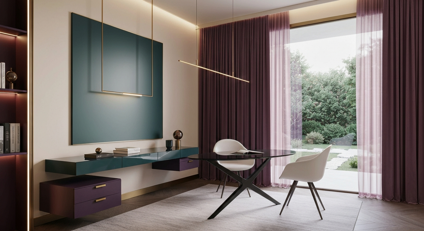 Clean, elegant home office setup in teal, plum, and gold accents