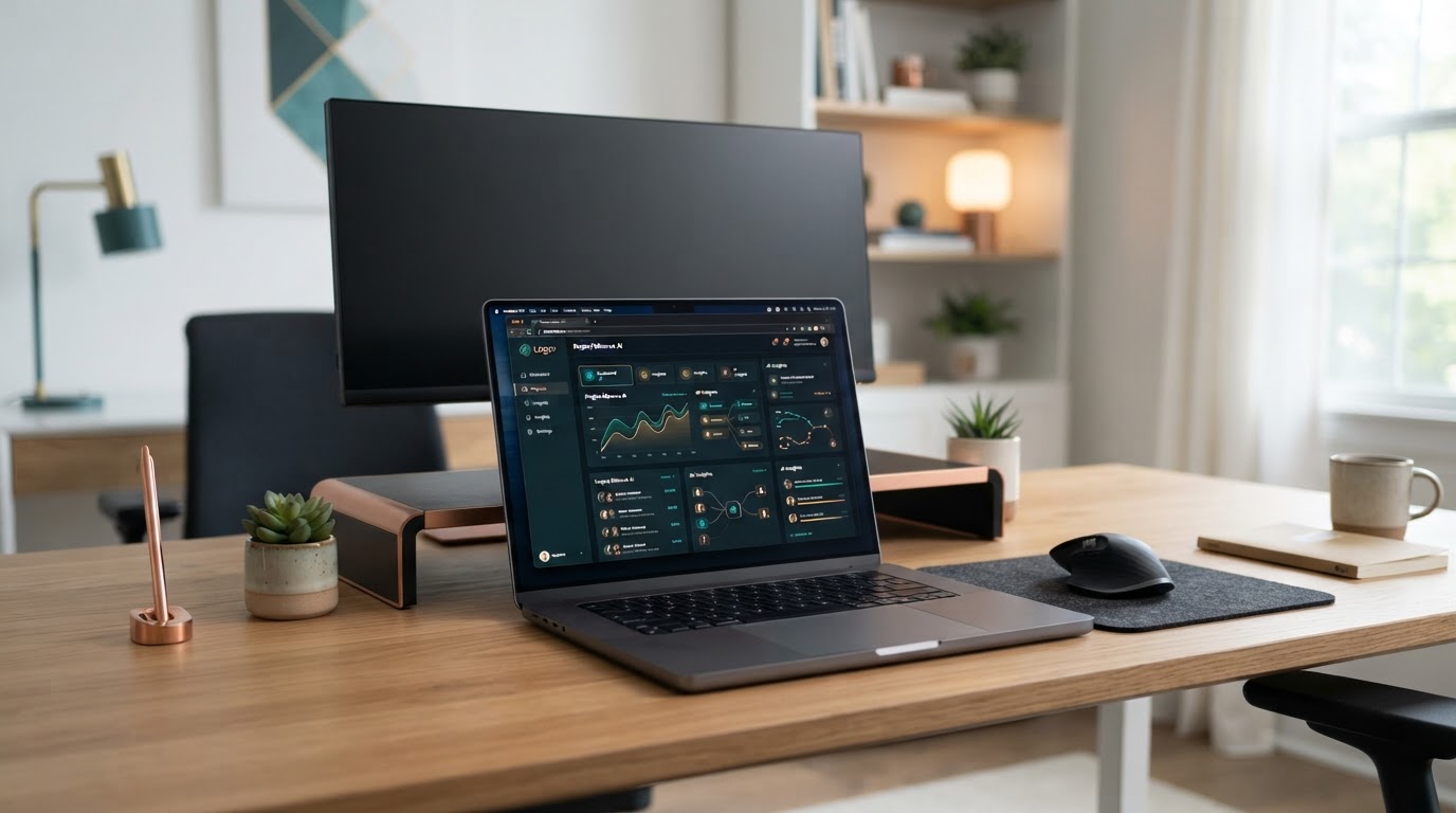 Clean home office desk setup with a laptop showing an AI-powered website interface with teal, gold, and copper accents.