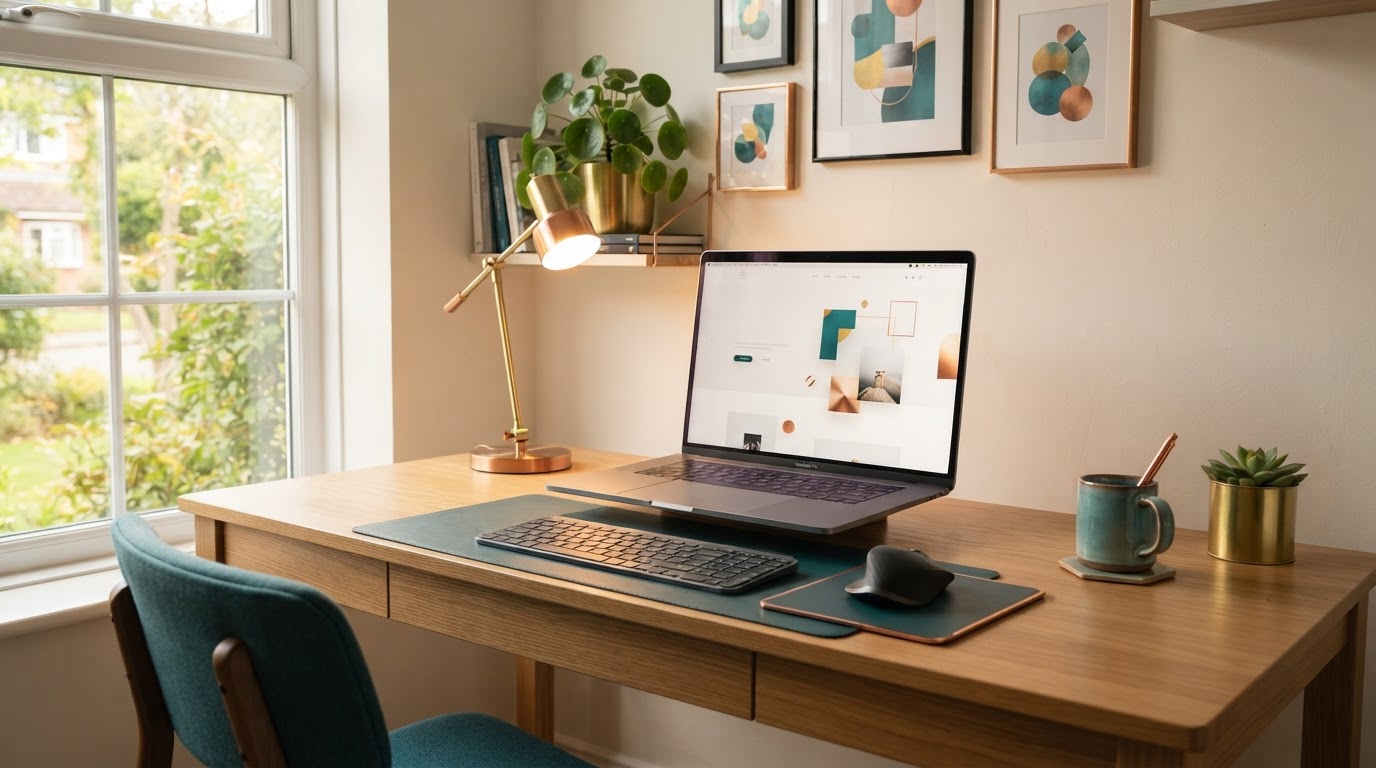 Clean home office desk setup with a laptop showing a modern website design, featuring teal, gold, and copper accents.
