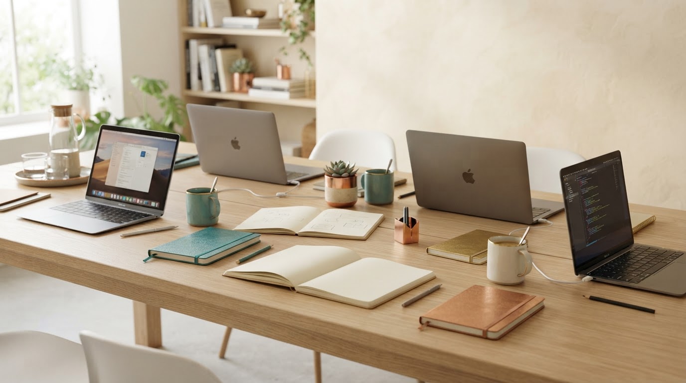 Clean table with multiple notebooks and laptops arranged as a collaborative workspace, featuring teal, gold, and copper accents.