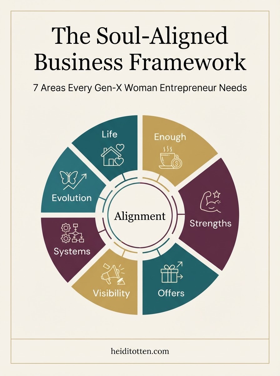 The Soul-Aligned Business Framework infographic showing 7 connected areas — Life, Enough, Strengths, Offers, Visibility, Systems, and Evolution — for Gen-X women entrepreneurs