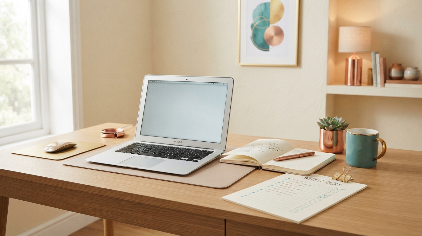 Clean home office desk setup with a laptop, notebook, and checklist, featuring teal, gold, and copper accents.