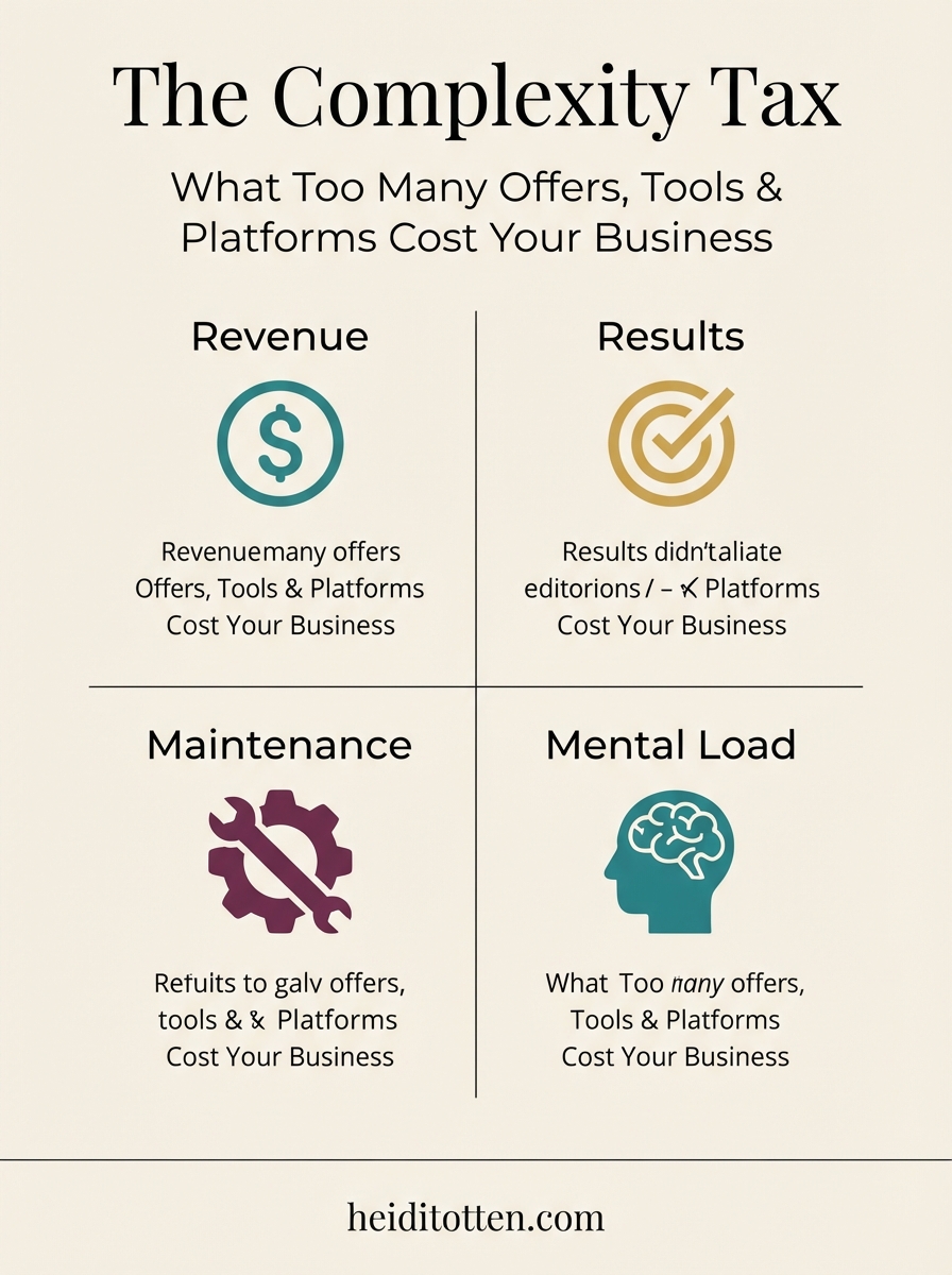 The Complexity Tax infographic showing the 4 evaluation lenses — Revenue, Results, Maintenance, and Mental Load — for assessing every business offer, tool, and platform
