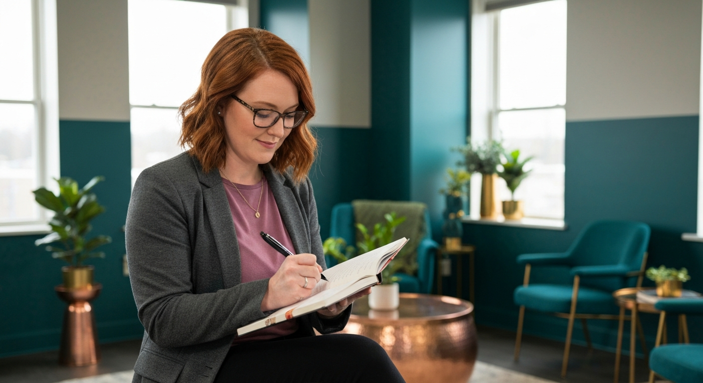 Gen-X woman writing in a notebook, transferring her business systems out of her head
