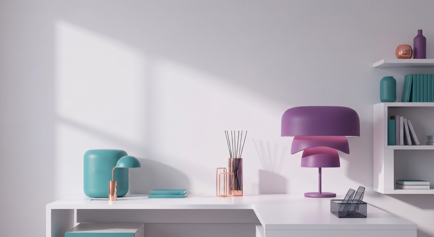 Clean, modern, minimalist home office setup in teal, plum, and copper accents