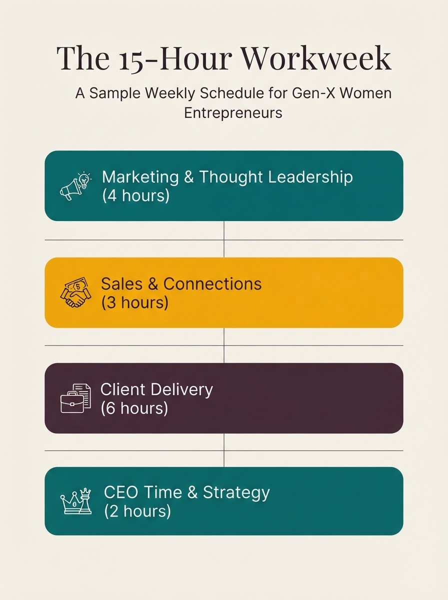 The Gen-X Woman's Guide to a 15-Hour Workweek — infographic showing a sample 15-hour weekly schedule broken into Marketing (4 hrs), Sales (3 hrs), Client Delivery (6 hrs), and CEO Time (2 hrs)
