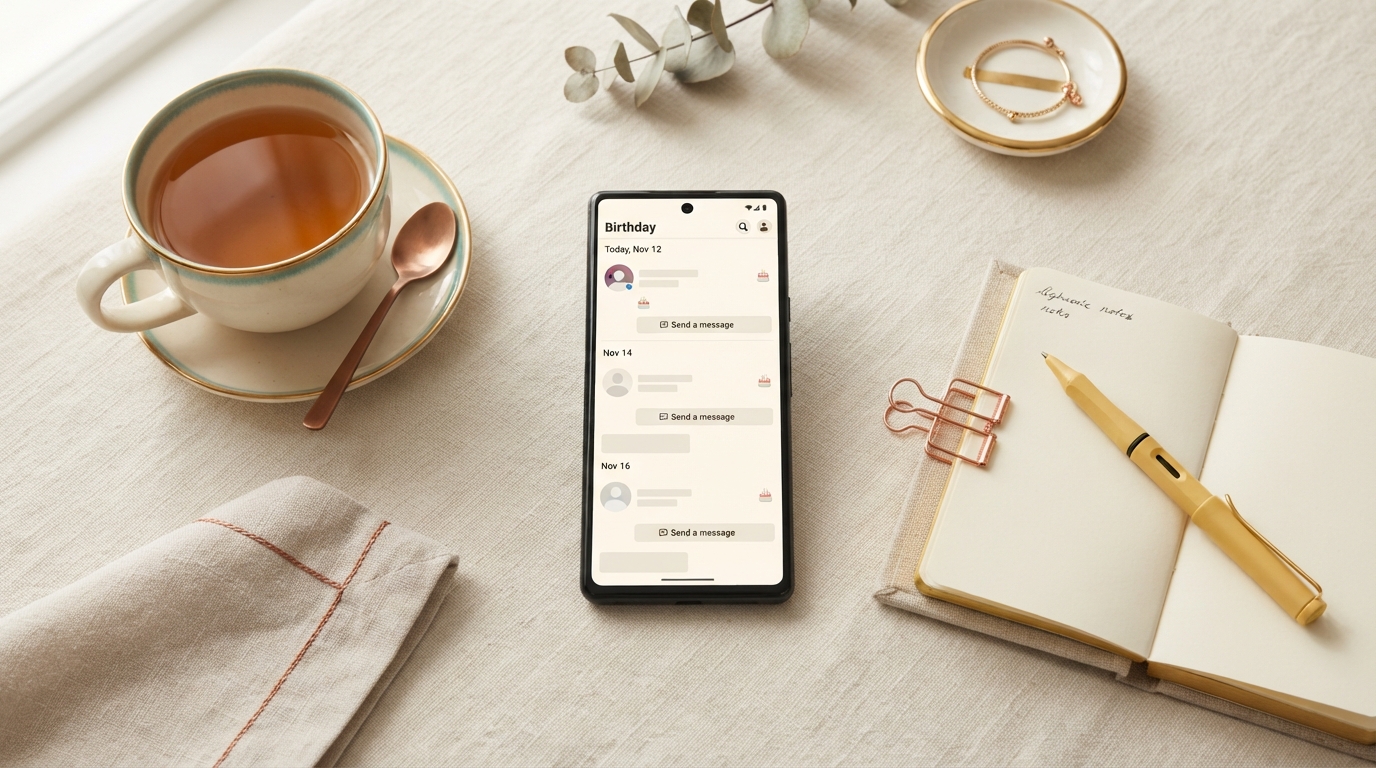 A smartphone showing a Facebook birthday list beside a cup of tea and a notebook, representing using birthdays for real connection.