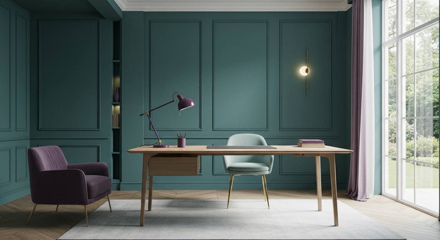 Clean, elegant office space in teal, plum, and gold