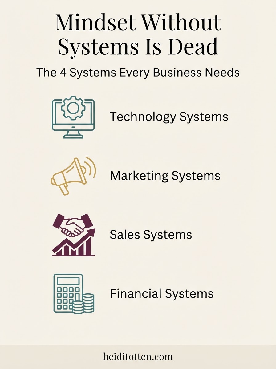 Mindset Without Systems Is Dead infographic showing the 4 foundational business systems — Technology, Marketing, Sales, and Financial Systems