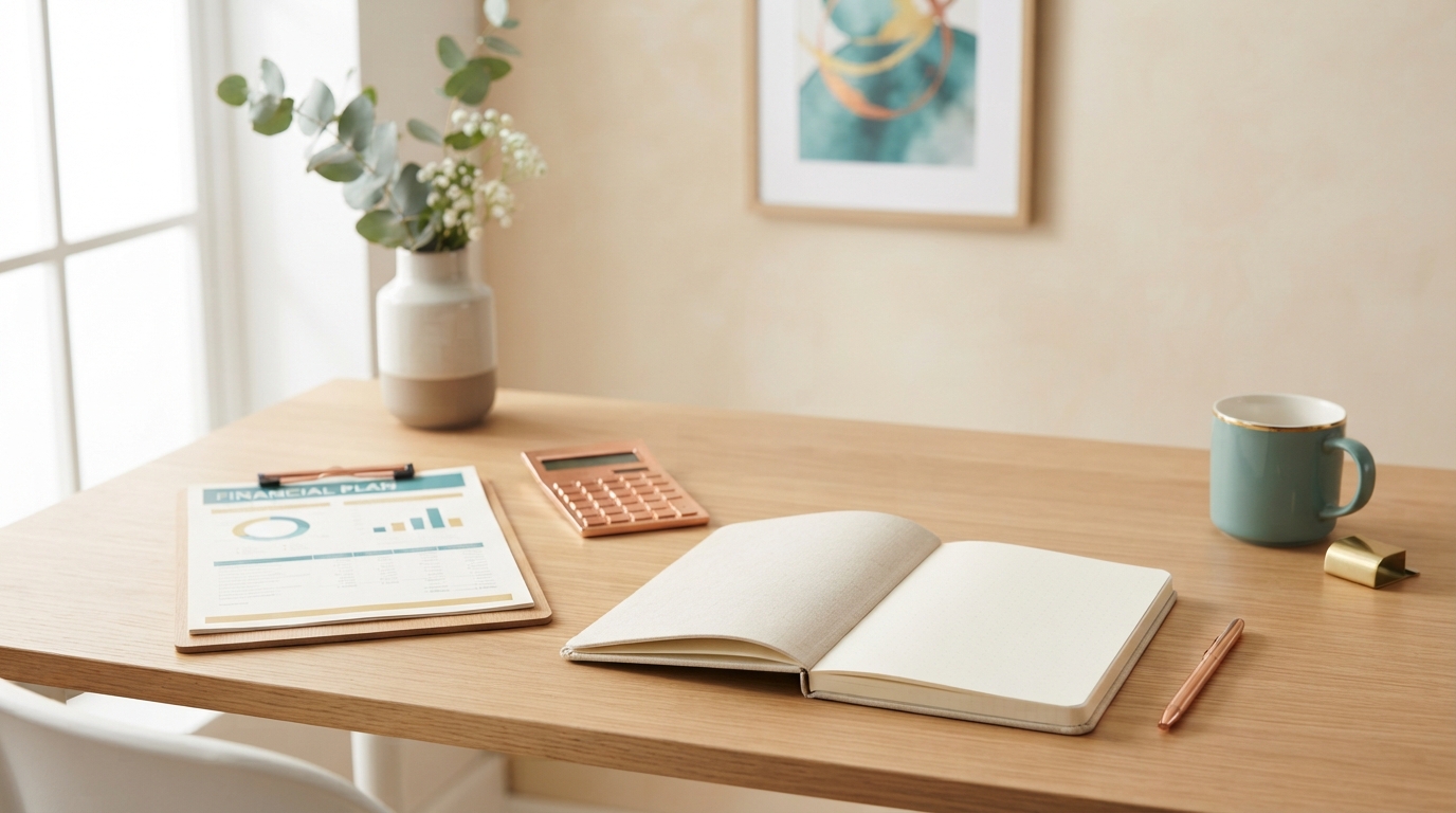 Clean desk with a notebook, pen, and financial planning document, featuring teal, gold, and copper accents.