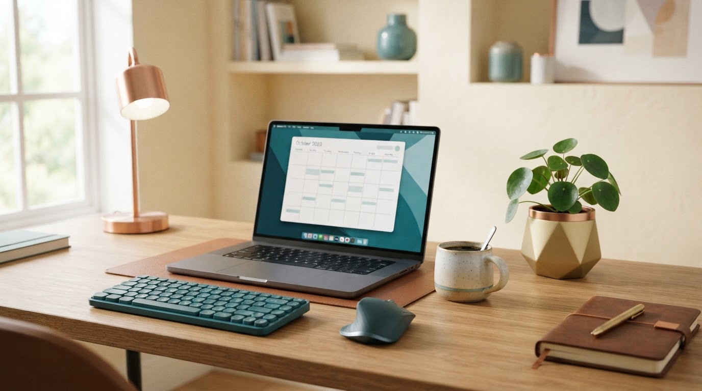 Clean home office desk setup with a laptop showing a calendar, a coffee mug, and a small plant, featuring teal, gold, and copper accents.