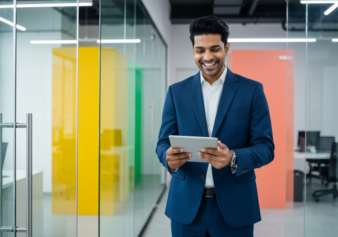 Business owner looking at a tablet with a smile