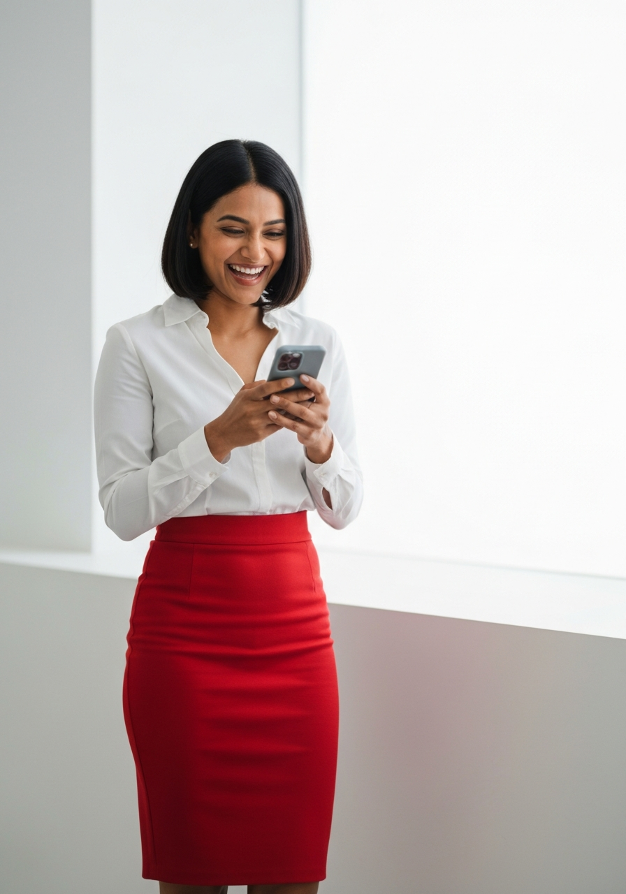 Business owner looking at phone smiling