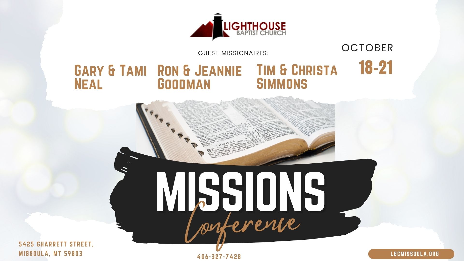 2026 Missions Conference - October 18-21 with Gary & Tami Neal, Ron & Jeannie Goodman, Tim & Christa Simmons at Lighthouse Baptist Church
