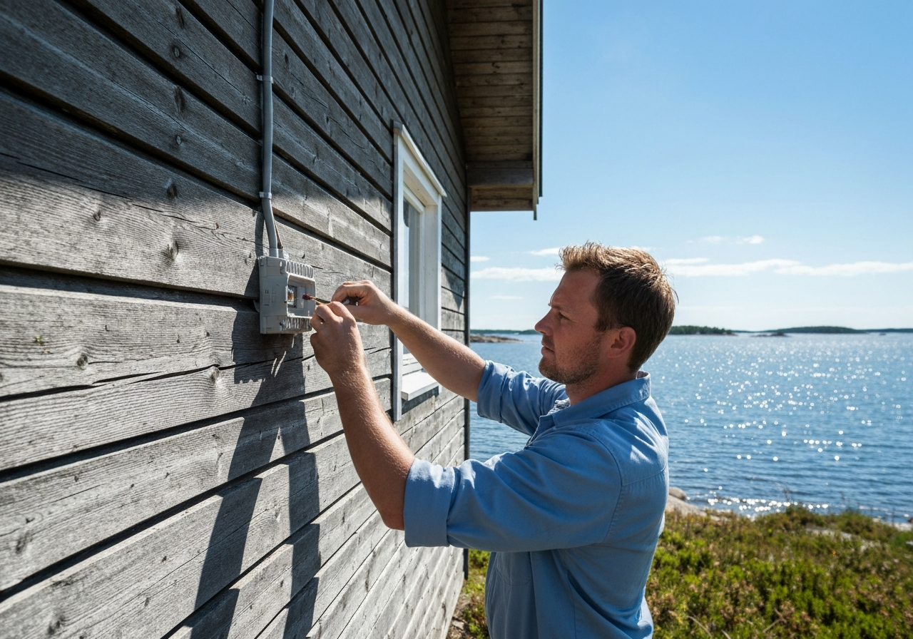 Sähköasentaja työssä saaristomökillä