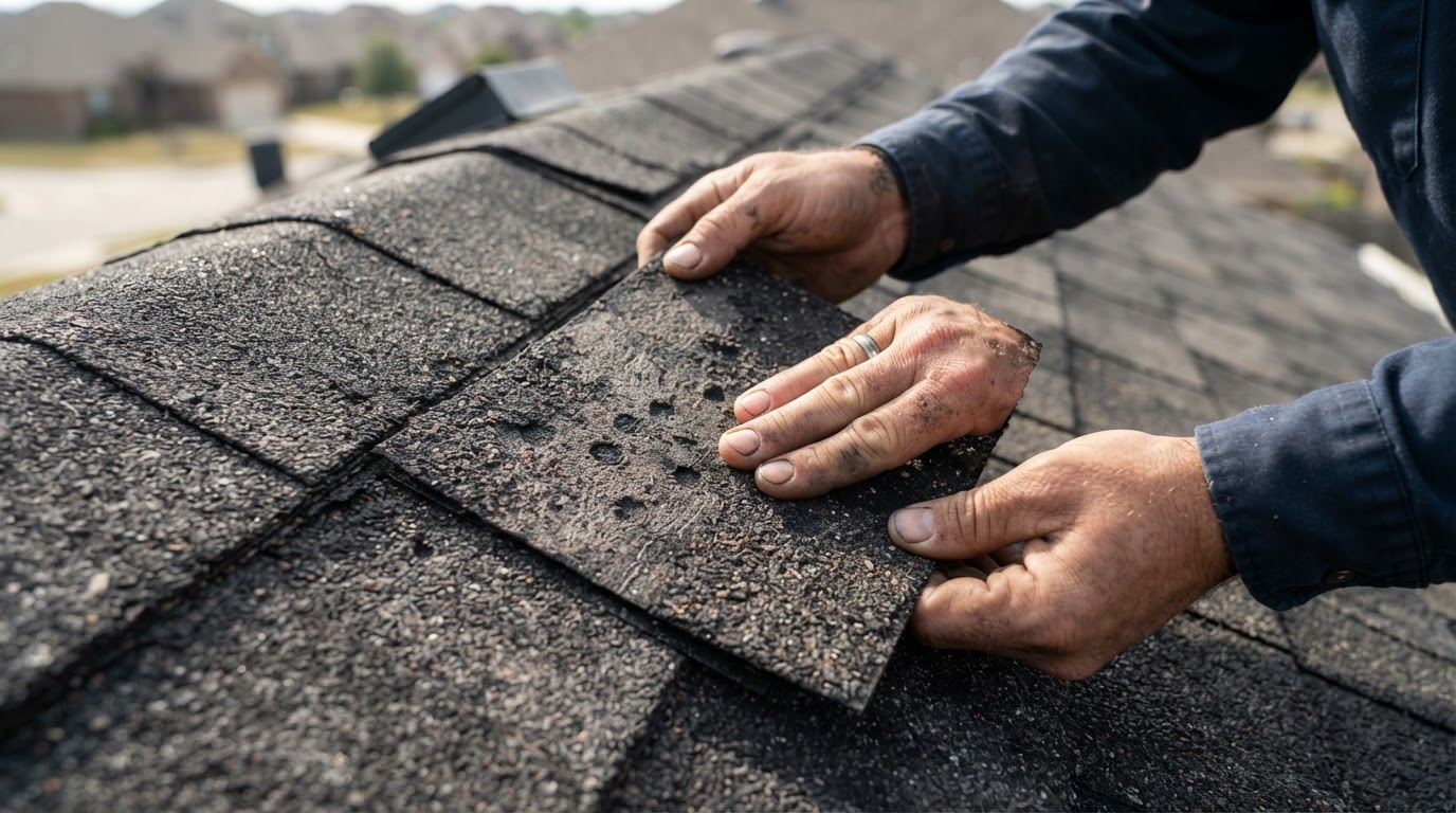 Close-up of a roofer inspecting asphalt shingles for hail damage and granule loss during a professional roof inspection
