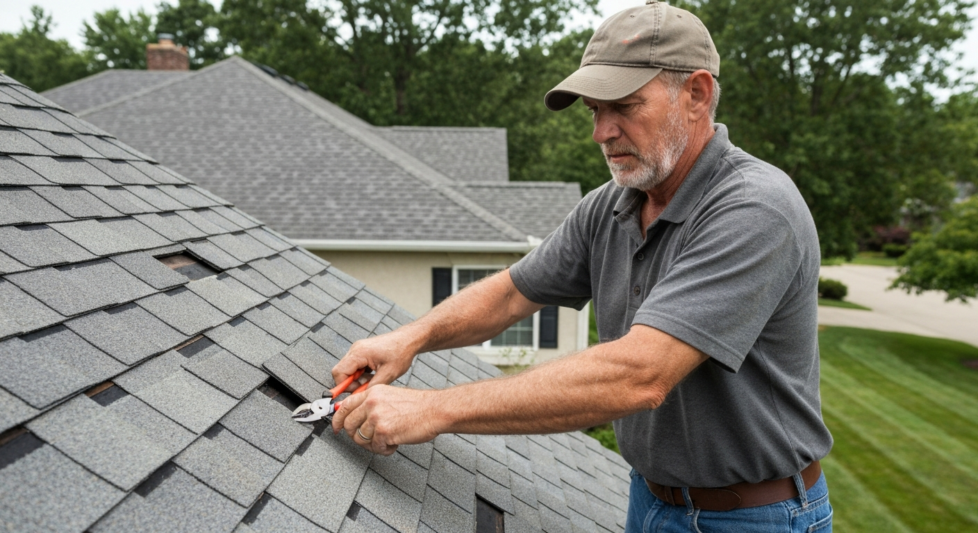 Roofing contractor inspecting storm-damaged shingles on a suburban home in Middle Tennessee