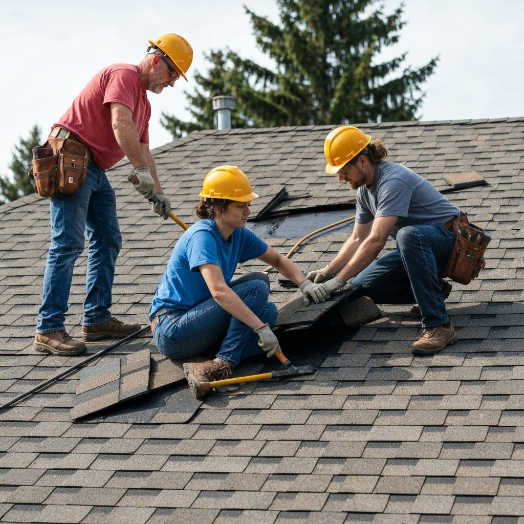 Emergency roof repair crew replacing shingles after storm damage in Pegram TN