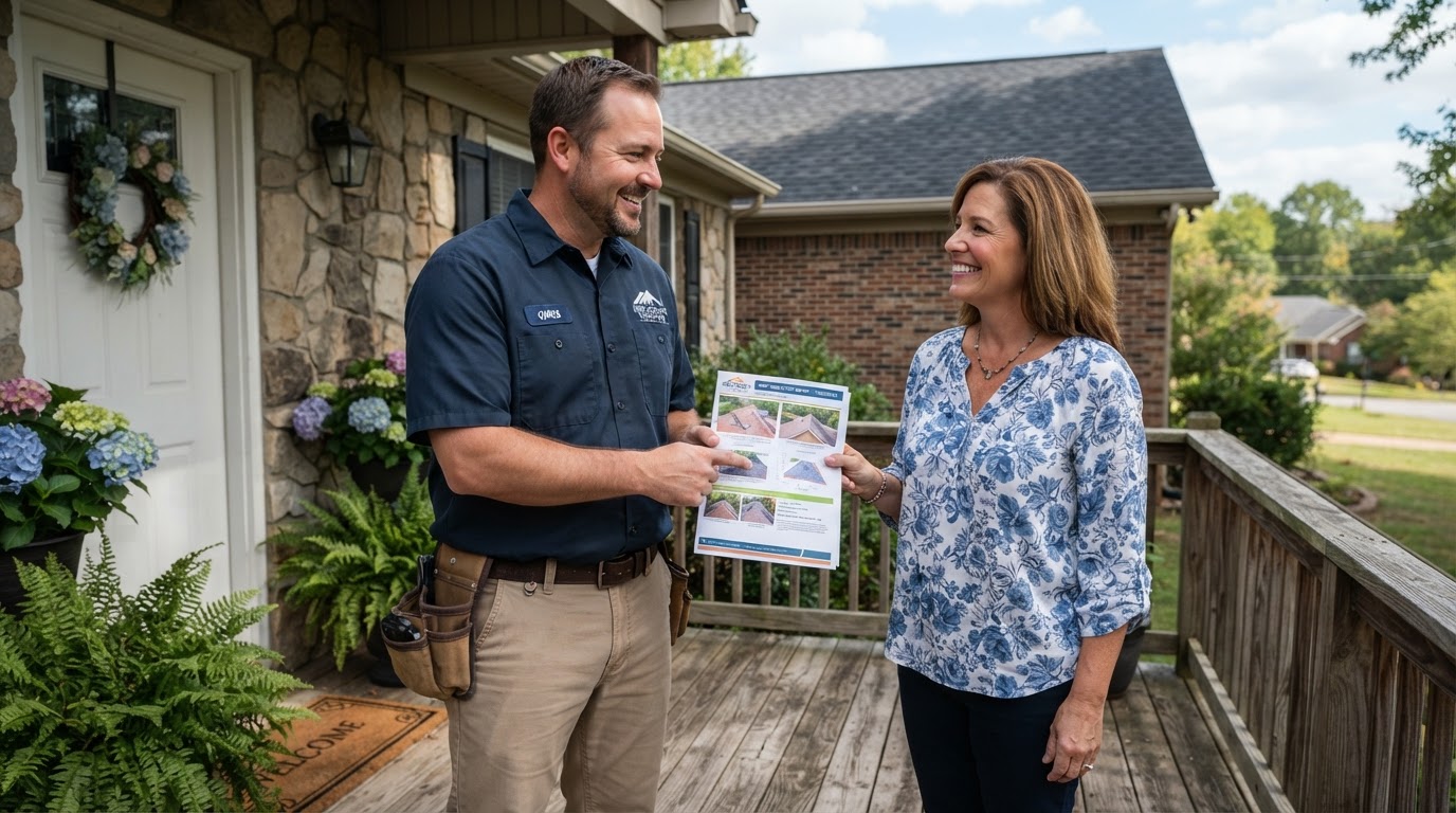 Professional roofer handing a detailed printed roof inspection report with photographs to a homeowner on their front porch in Tennessee