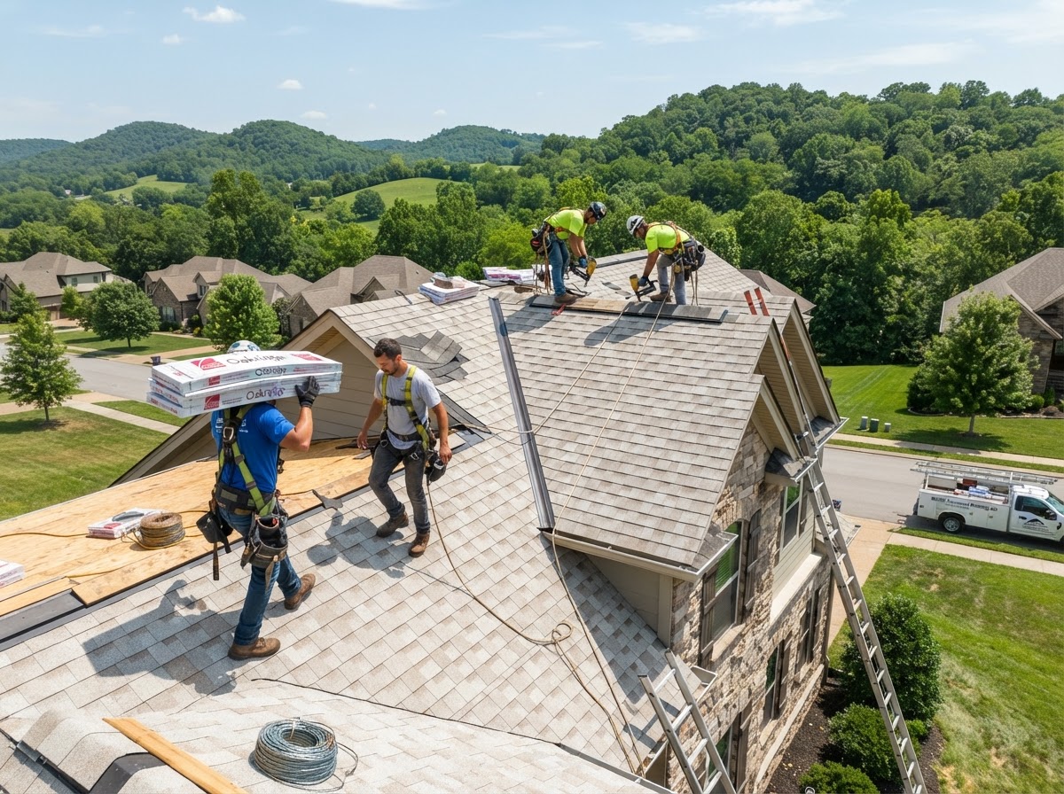Professional roofing crew installing light-colored architectural asphalt shingles on a suburban home in Middle Tennessee on a sunny day
