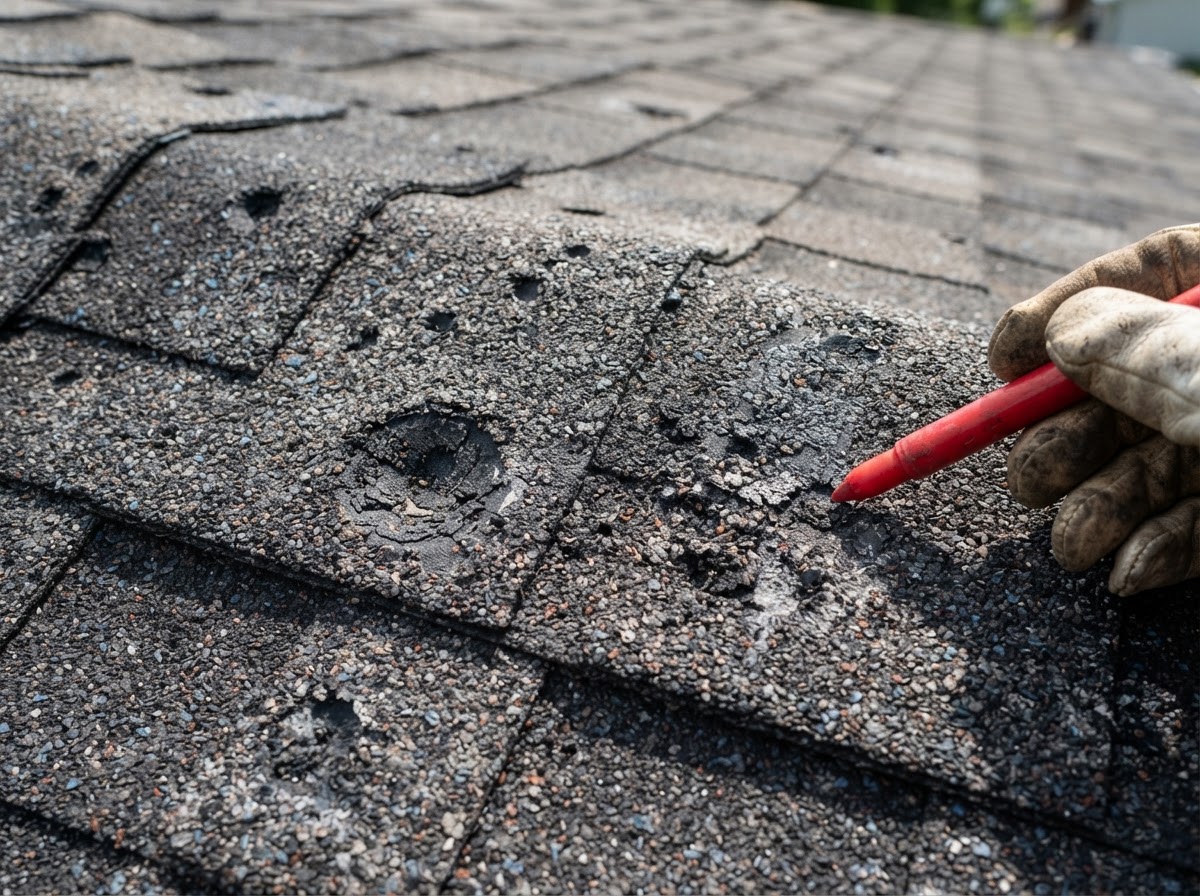 Hail damage on asphalt shingle roof showing dents and granule loss in Kingston Springs TN