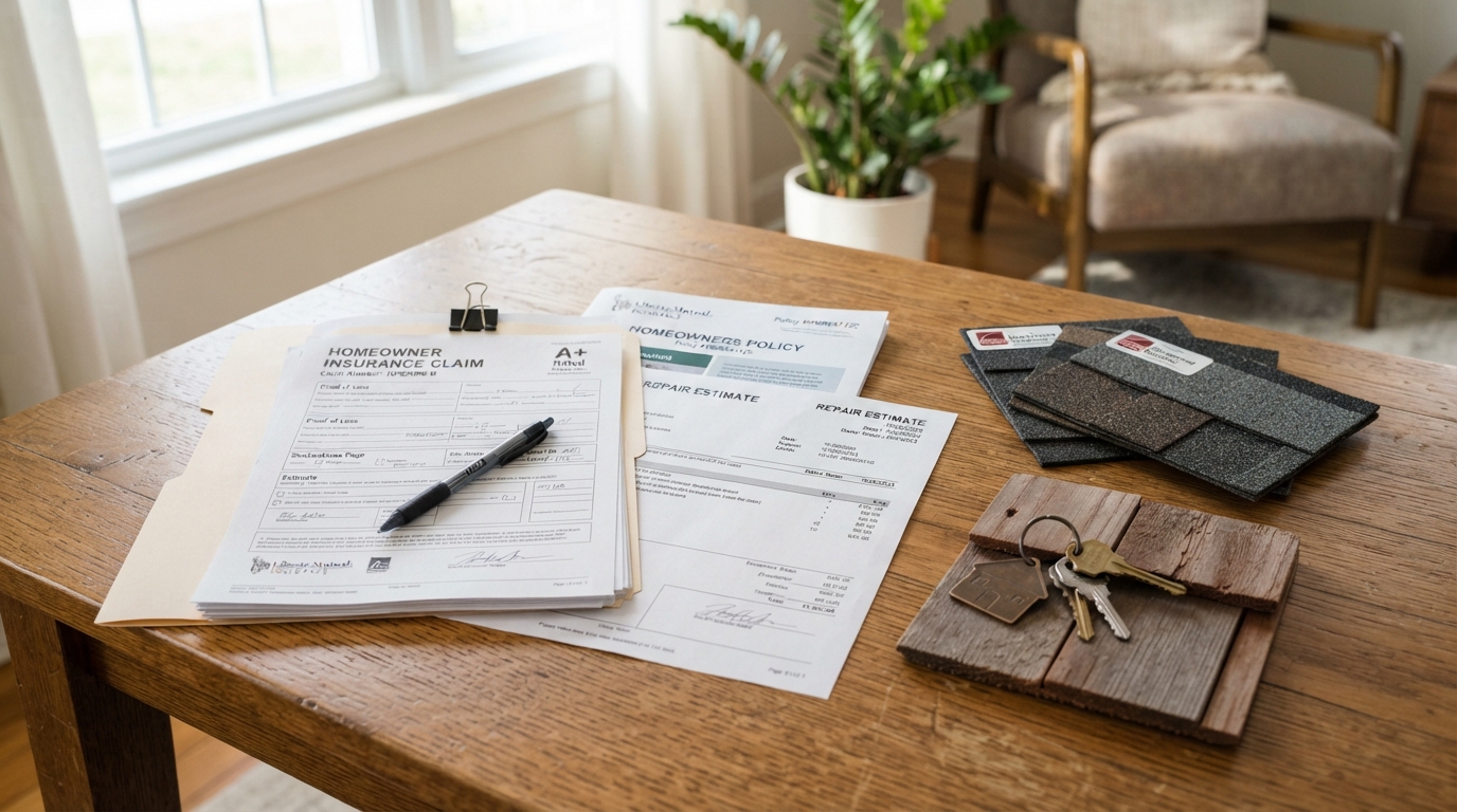 Roofing insurance policy declaration papers and estimate review documents for a Middle Tennessee homeowner claim