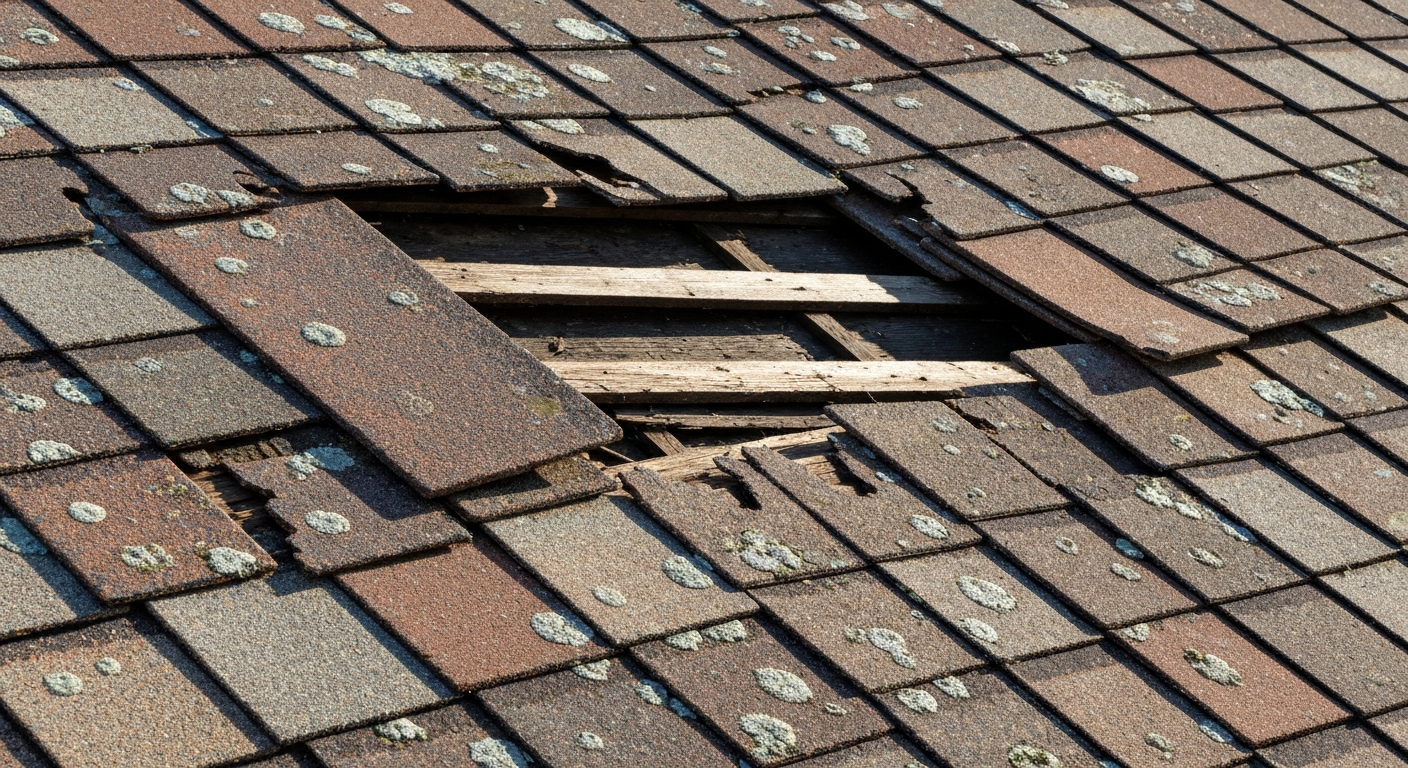 Close up of damaged roof shingles needing repair in Franklin TN