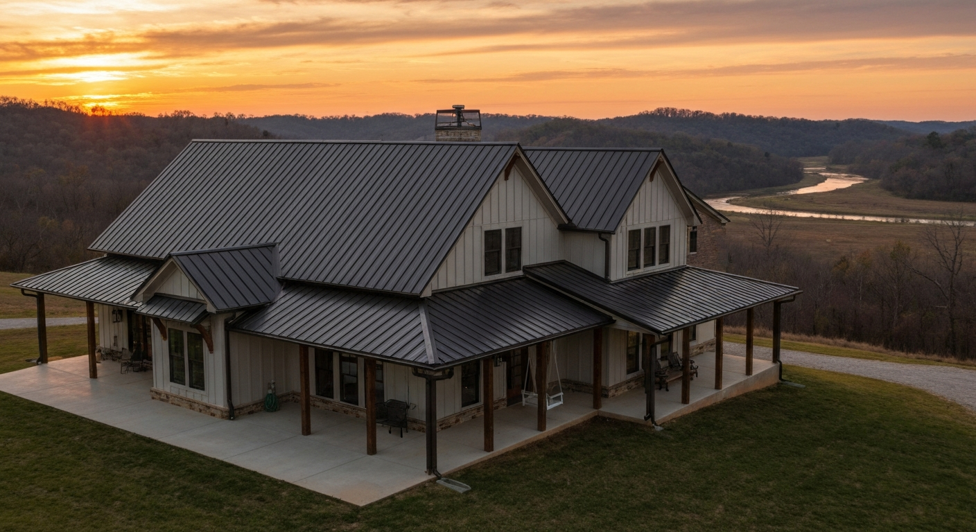 Modern farmhouse in Middle Tennessee featuring a sleek standing seam metal roof