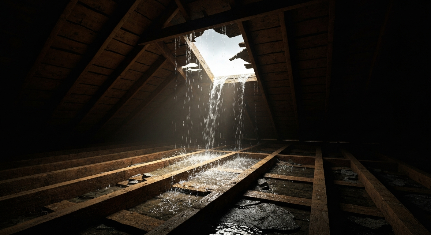 Water actively leaking through a damaged residential roof into an attic, highlighting the urgent need for emergency tarping