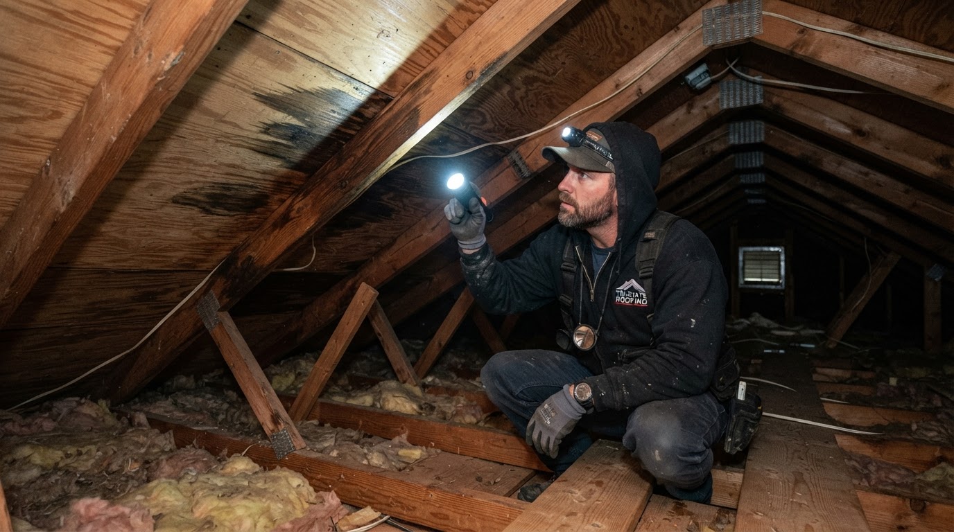Professional roofer inspecting an attic space, checking roof deck ventilation and looking for water stains or moisture damage with a flashlight