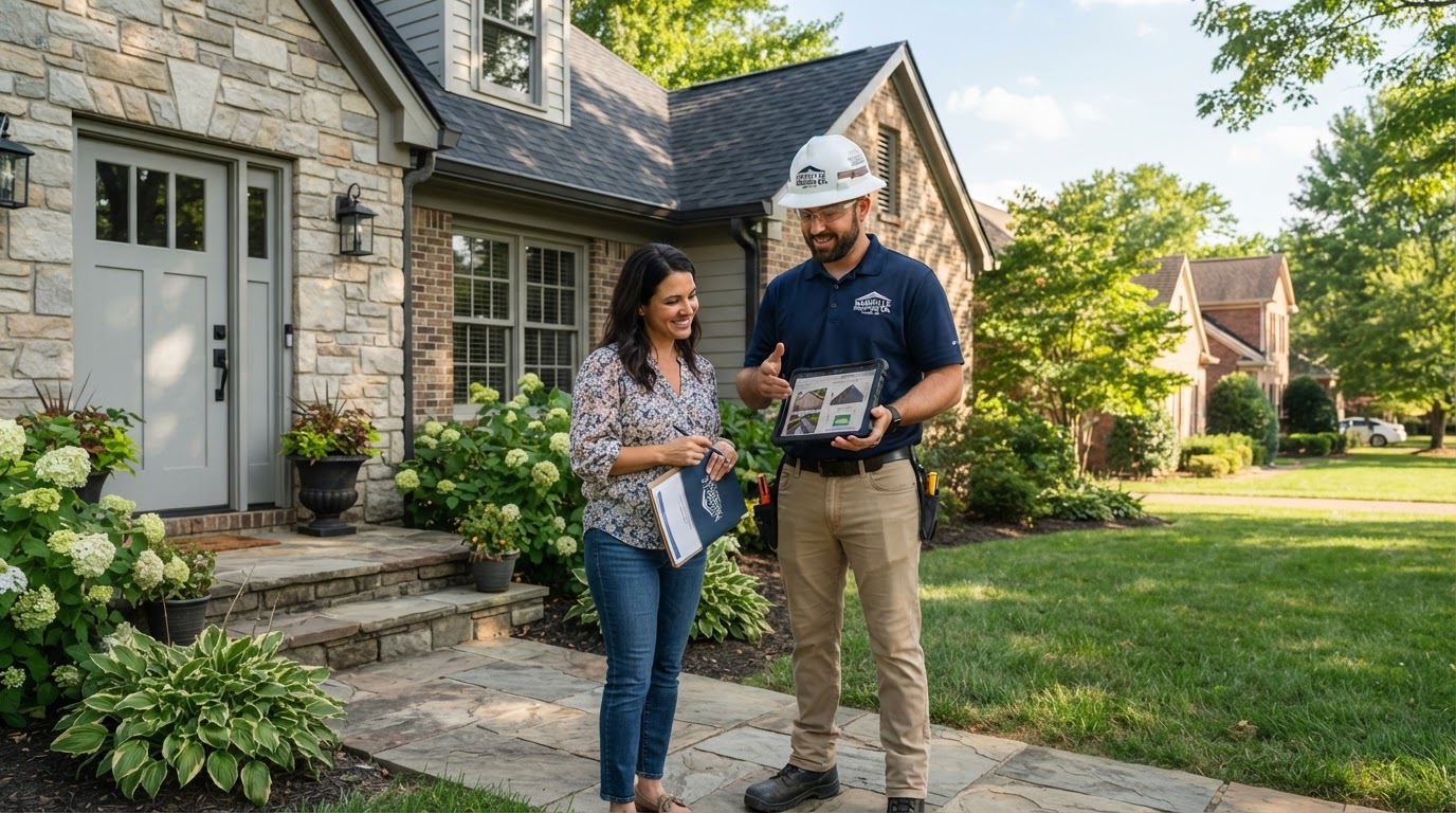 Licensed Worth Roofing contractor discussing roof damage inspection findings with a Middle Tennessee homeowner