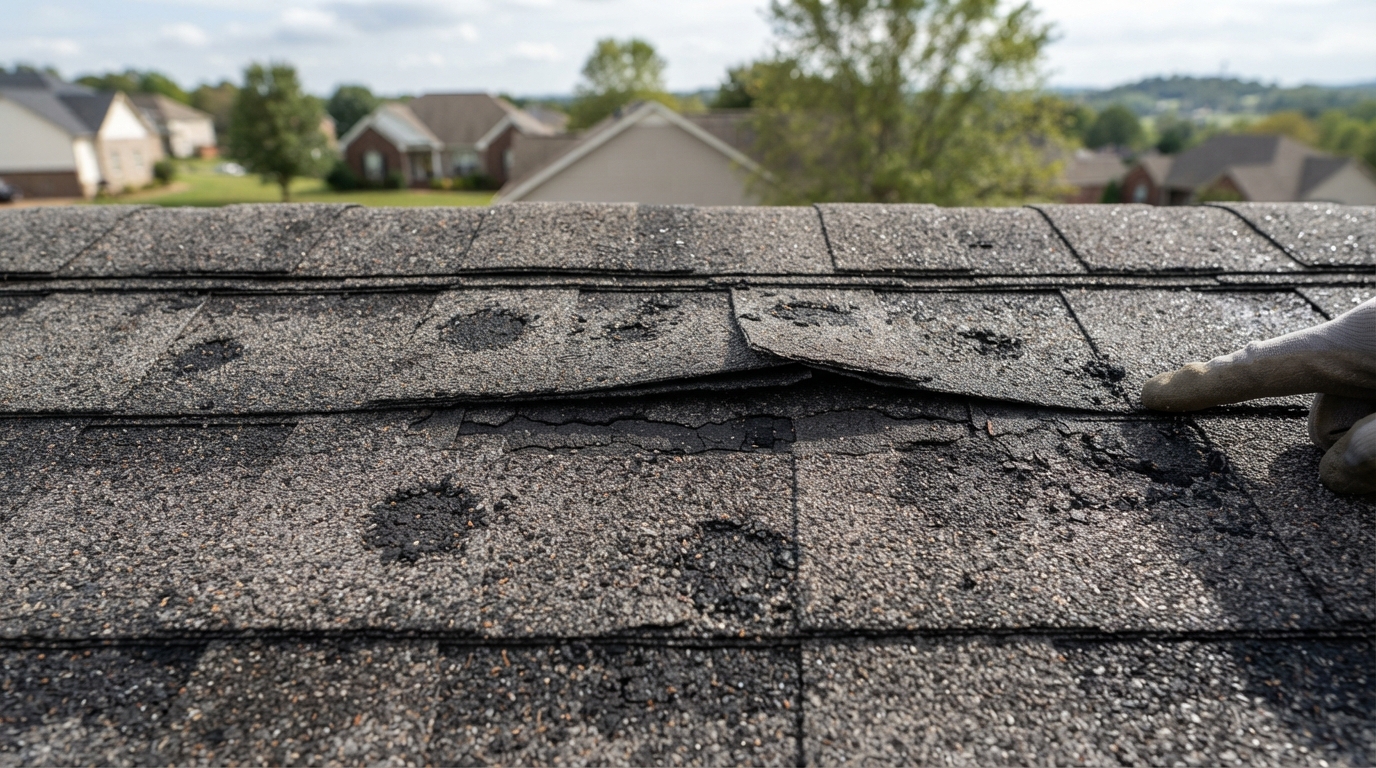 Close-up photograph of architectural asphalt shingle hail impact granule loss on a Williamson County TN roof