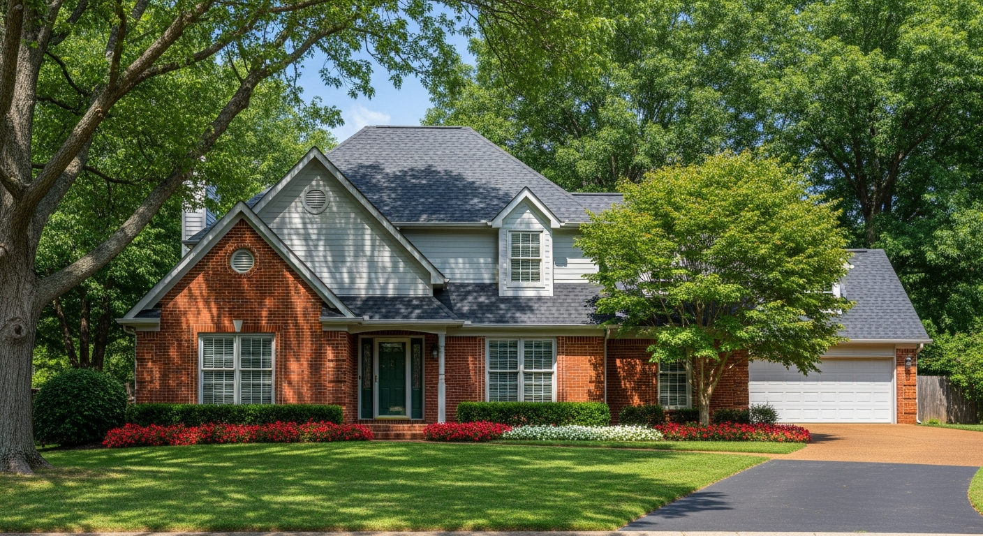 Realistic Middle Tennessee suburban home surrounded by mature hardwood trees getting a new architectural asphalt shingle roof installed by a professional roofing crew