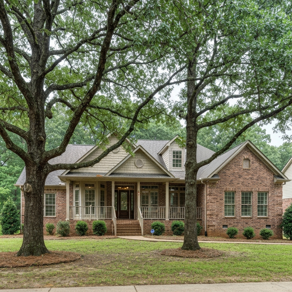 A realistic Middle Tennessee home surrounded by large mature hardwood trees with branches hanging near the roof