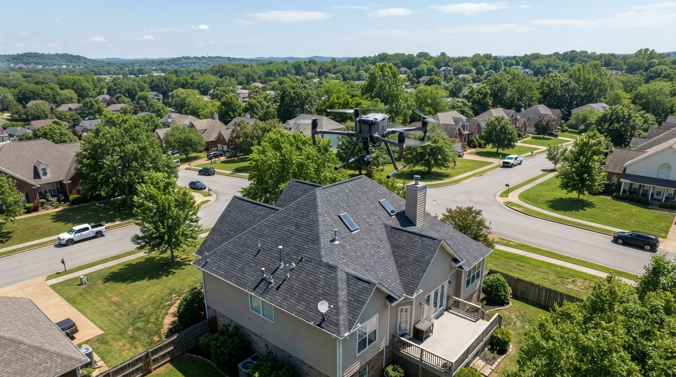 Drone conducting an aerial roof inspection over a suburban Tennessee home, capturing high-resolution photos of the roof surface