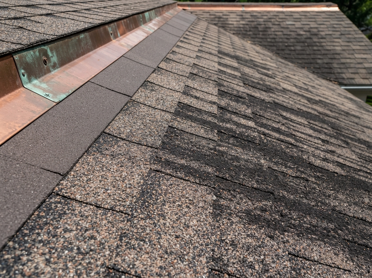 Close-up comparison of clean copper-protected asphalt shingles next to shingles with black Gloeocapsa magma algae streaks showing granule texture