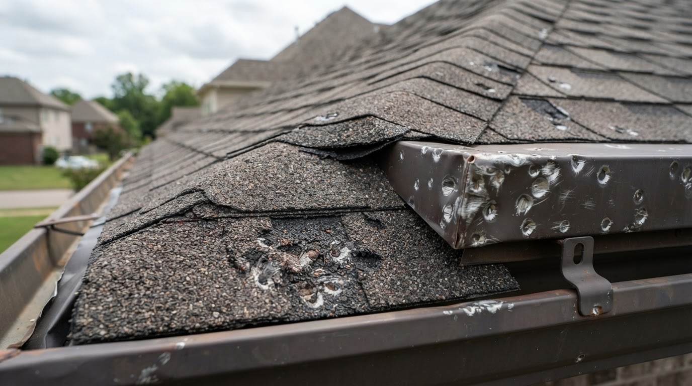 Close up photograph showing hail damage marks on gutters and shingles on a Franklin Tennessee home