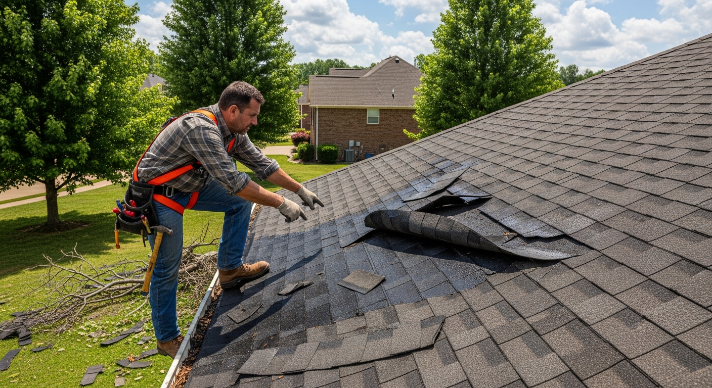 Roofing contractor inspecting storm-damaged shingles on a suburban home in Middle Tennessee