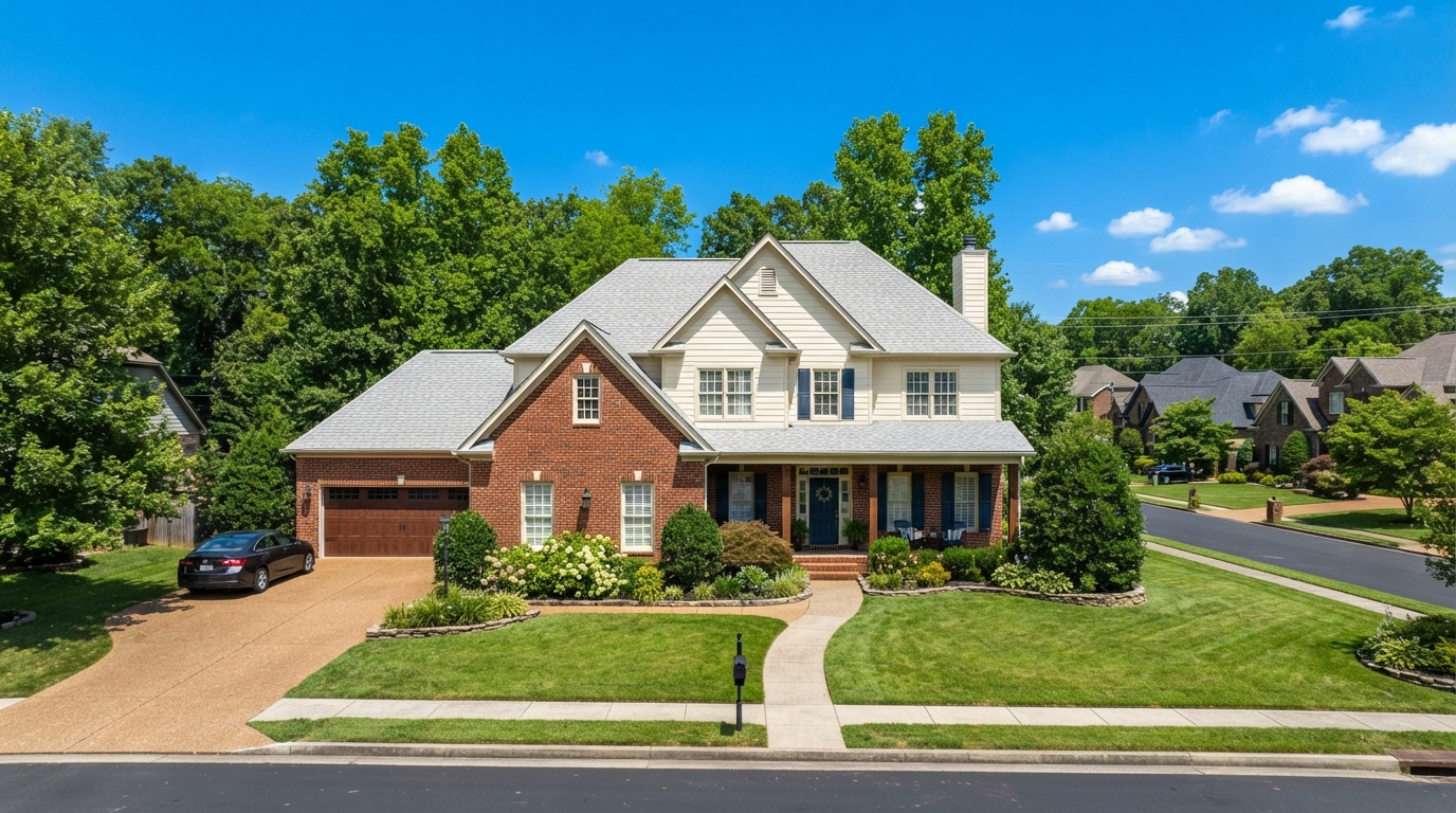 Beautiful suburban home in Fairview Tennessee with a light gray architectural asphalt shingle roof surrounded by mature hardwood trees on a hot sunny summer day